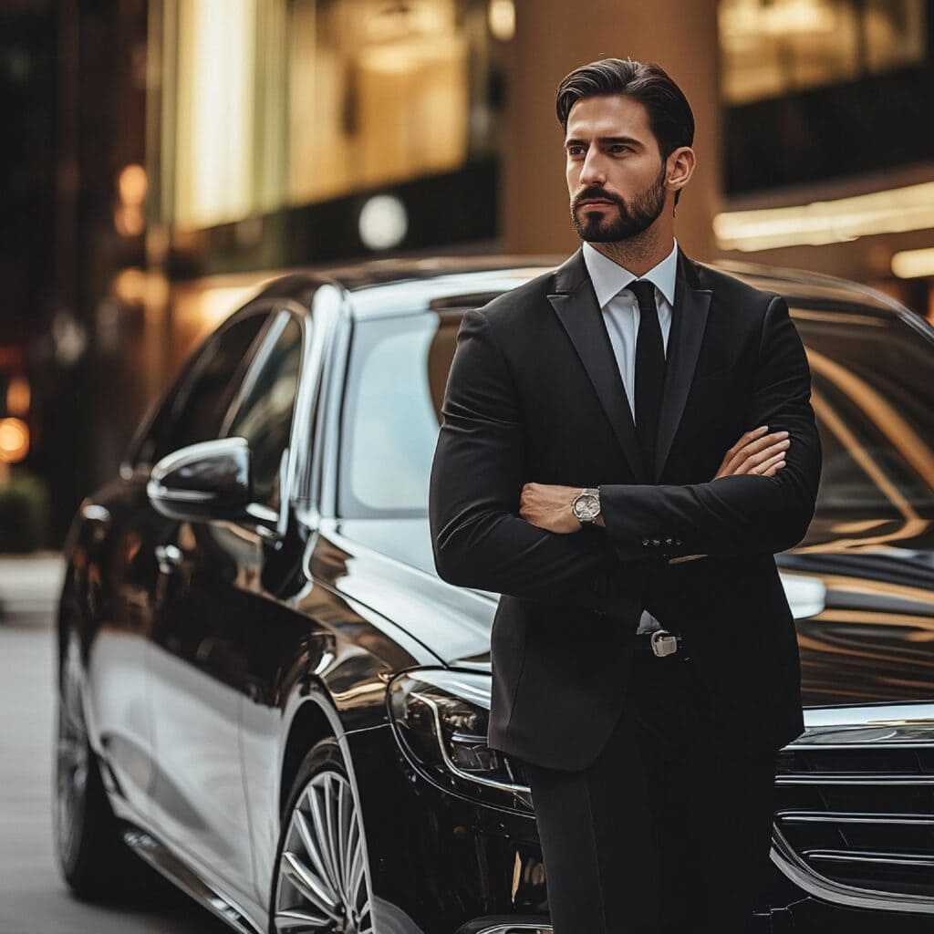 Hombre elegante junto a coche de lujo negro