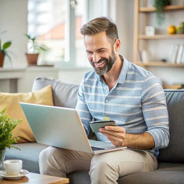 Hombre comprando online con portátil y tarjeta